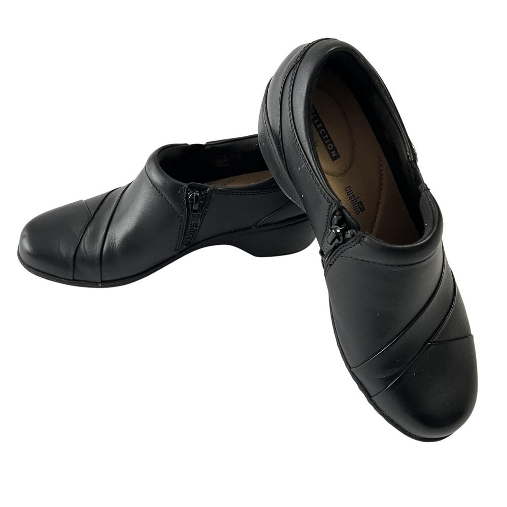 Clarks Collection Clog Shoes Womens Size 7.5 Black Leather Zip Comfort Cushion